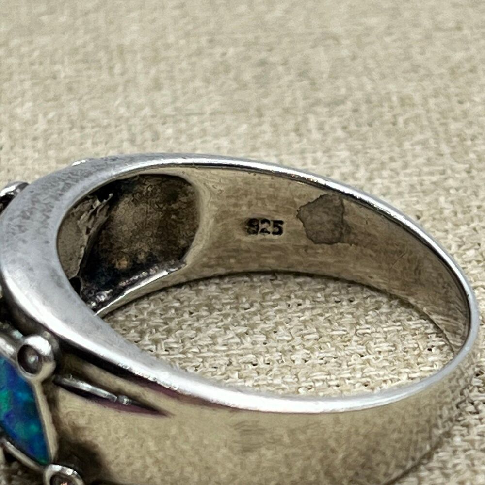 Large Sterling Silver Blue Synthetic Opal Narrow Dome Ring for Women CZ Accent - Picture 7 of 9
